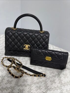 Black Quilted Top-Handle Satchel with Matching Wallet